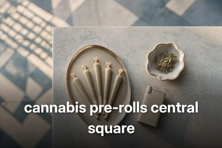 Top-down view of slim tray with five fan-arranged cannabis pre-rolls central square and ceramic dish
