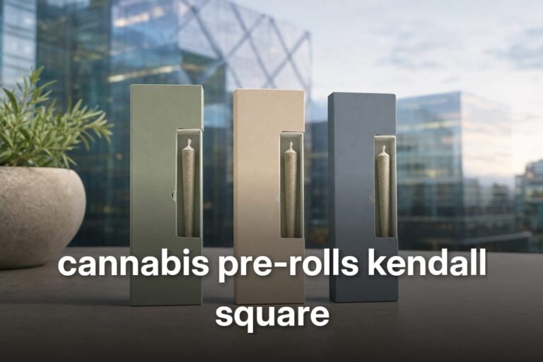 Minimalist comparison of three matchbook-style pre-roll sleeves showcasing cannabis pre-rolls kendall square
